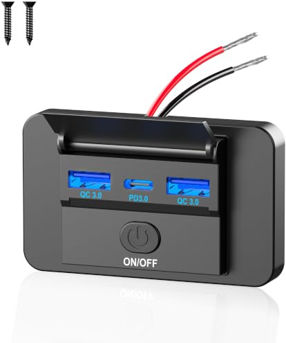 72W 12V USB Steckdose, Flach & Ultraflach mit Schalter, 36W USB-C PD3.0 + Dual 18W QC 3.0, wasserdichte 3-Fach USB Ladebuchse Aufputzmontage Für Wohnmobil, Camper, Boot, LKW, Auto