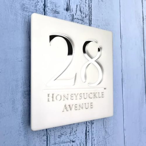 Targhetta con numero civico in acrilico, personalizzata, moderna, per esterni, con numero civico, tagliata al laser, 3D, personalizzabile con nome civico, numeri civici decorativi (argento bianco, 20
