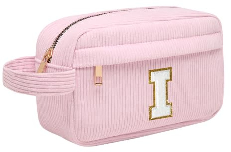 Personalisierte Initialen Make-up-Tasche, Cord-Kosmetiktasche Reise Kulturbeutel mit MetallReißverschluss Tragbare Schminktasche Damen, Weihnachts Geburtstagsgeschenk für Frau Mädchen Rosa I