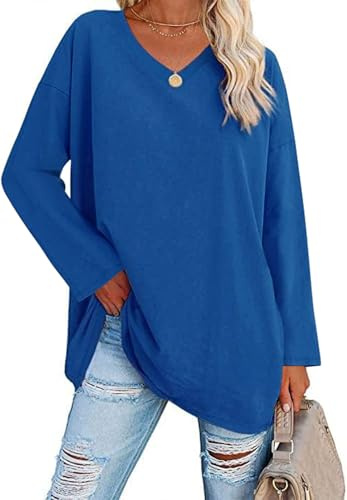 ELFIN Långärmad damtröja V-ringad långärmad toppar basic t-shirts oversize lång skjorta toppar casual blus t-shirt, blå, L plus size tall