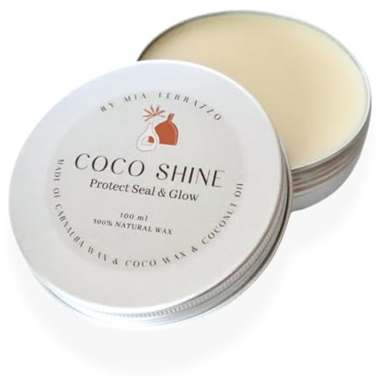 CocoShine - Cire naturelle et vernis pour Jesmonite, Béton, Argile I Protège & Illumine vos pièces. Parfumé à la coco et à la vanille. Vernis 100% naturel Carnauba et Coco - 100 ml avec applicateur