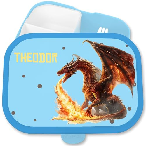 Campus Mepal - Drache - Kinder Brotdose mit feuerspeiendem Drachen | Personalisierbar mit Namen | Perfekt für Kindergarten und Einschulung - 750 ml - Blau - personalisierte lunch box dragon dragons