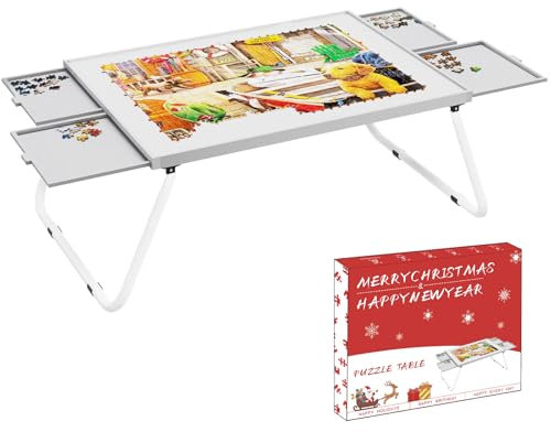 Doerpuz Puzzle-Tisch, 1500 Teile, Grau/Weiß, Metallrahmen, 4 Schubladen, FSC-zertifiziert