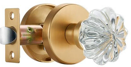 dairazan Glastürknauf, Rosette aus gebürstetem Messing, mit Schloss für Badezimmer, Schlafzimmer, Küche, Kristalltürgriff, modernes Türschloss (gebürstetes Messing, Durchgang)
