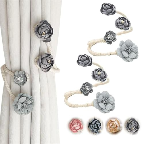 Raffhalter für Vorhänge, gedrehte Blume, schlicht, elegant, magnetisch, für Schlafzimmer, ohne Stanzen, Grau