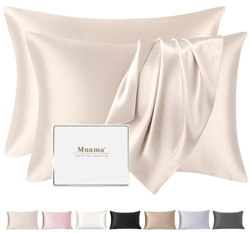 Muama Seidenkissenbezug Kissenbezüge aus Seide Kissenbezug Maulbeerseide Kopfkissenbezug für Haar und Haut mit verstecktem Reißverschluss Silk Pillowcase 40x80 cm, Beige, 2 Stück