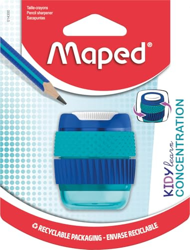 Maped - KIDY LEARN CONCENTRATION Anspitzer 1 Loch - mit großem Auffangbehälter - weiche bewegliche Ringe - CLEAN Funktion Verschluss für Sauberkeit