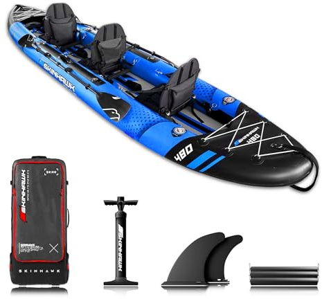 SKINHAWK Exclusiv Blau Kajak Set 480 – Schlauchboot – Kanu - 480 x 96 cm - 3 Personen Kajak