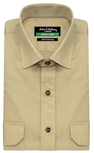 Mens Beige Cotton Shirt Full Sleeve Casual Khakhi Double Flap Pockets Indiana Jones Classic Point Collar Office Retro (US, Neck Sleeve, 15.5, 33, 34, Beige)