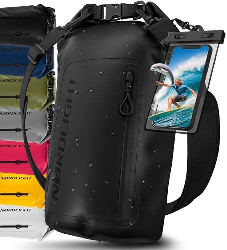 Nordlight Dry Bag Vattentät Väska med Mobilfodra+ Rullstängning, Axelrem | Drybag Vattentät Ryggsäck Packsäck Våtbag Packväska | Simning Strand Stå Upp Paddling Kanotpaddling - Svart, 30 Liter