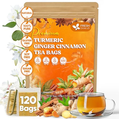 FreshDrinkUS, 120 Tea Bags Turmeric Ginger Cinnamon, 100% Natural, Hand-made Blend of Turmeric, Ginger, and Cinnamon.