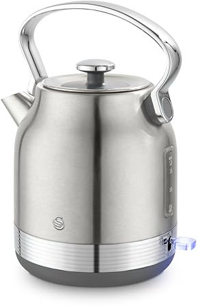 Swan SK14631SS Retro Traditional Kettle, Rapid Boil, Removable Limescale Filter, Easy Pour, 360 Degree Base, Water Indicator Window and Boil Dry Protection 1.7L, 3KW, Stainless Steel