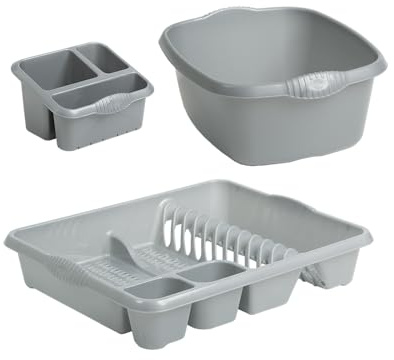 TENLITE All-in-One Plastic Kitchen Sink Set - 39cm Rectangular Washing Up Bowl, Large Dish Drainer & Sink Tidy for Modern Kitchens, Utility Rooms & Caravans - (Silver)