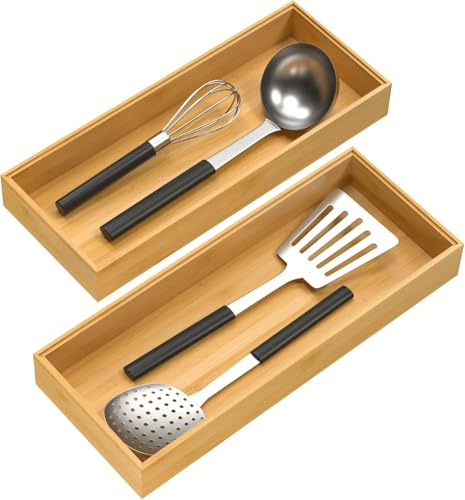 DIRXVMC Bamboo Drawer Organizer, Stackable Utensil Organizer for Kitchen, Bamboo Storage Box Wood Silverware Tray for Drawer 15 x 6 x 2 Set of 2 (Wood, 15x6x2)