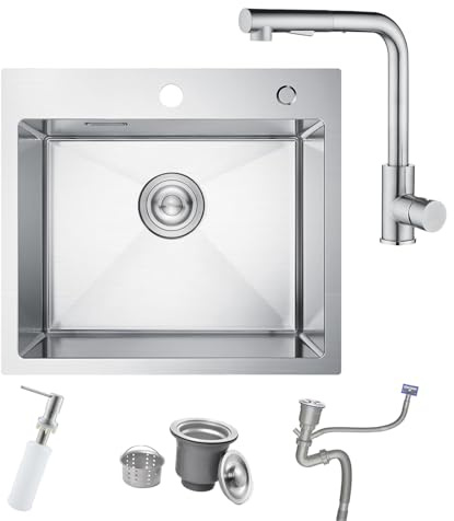 BoomHoze 55 x 45 cm Evier Cuisine Inox 1 Bac avec Robinet de Cuisine Extractible, Petit Evier de Cuisine sous Plan/sur Plan avec Distributeur de Savon, Brossé