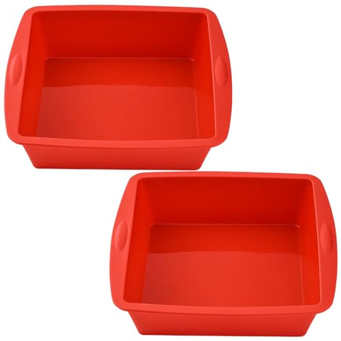 PSFXBM 2 Pcs Silicone Baking Trays, Square Cake Tin, Small Cake Bread Tins, Silicone Cake Moulds, Non-Stick Brownie Tin for Cheesecake, Brownie, Cake, Bread, Chocolate Pie (Red)