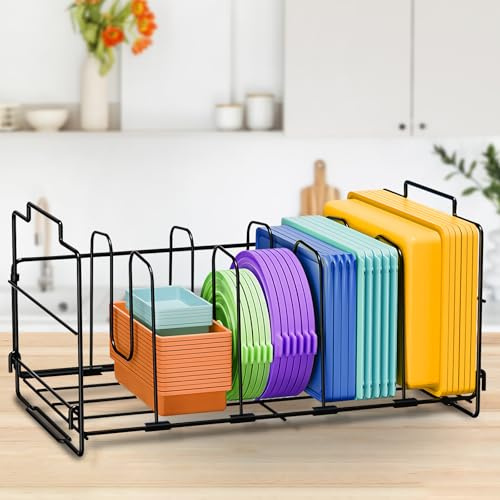 Cyiecw Topfdeckel Frischhaltebox Lagerung Deckelhalter, Lunchbox Deckel Aufbewahrung Organizer aus Metall, Topfdeckelhalter für Küche Schrank Schublade mit 4 Verstellbaren Trennwänden