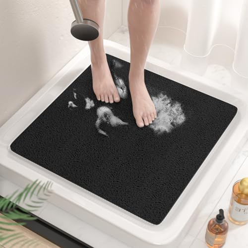 HITSLAM Duschmatte rutschfest, 53x53cm Badewannenmatte rutschfest Ohne Saugnapf, Weiche PVC-Luffa Antirutschmatte Badewanne, Schnell Trocknende Badematte, Hocheffiziente Drainage, Schwarz
