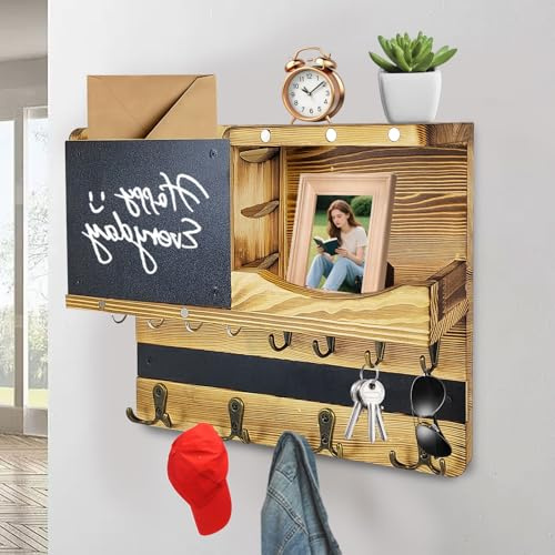 Wholesoukyii Schlüsselbrett Holz mit Ablage, 8 Haken und 4 Doppelhaken, mit Anschlagtafel, Schlüsselbrett Modern, Geeignet für Schlüssel, Hüte, Kleidung, Taschen (37 × 28.5 cm)