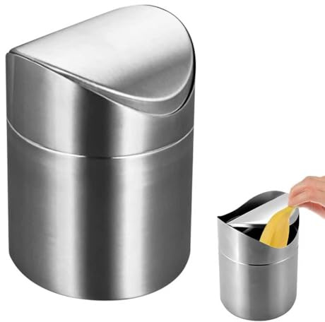 Chesomn Desktop Bin with Lid, 2L Small Bathroom Bin, Mini Desktop Trash Can Stainless Steel Waste Table Bin Removable Cosmetic Bins for Home, Office, Vanity Tabletop, Bedroom (Silver, 12×12×16cm)