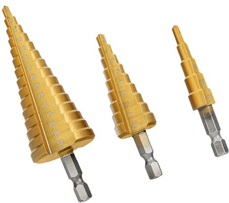 DURI Professional Step Drill Bit Set, 3-Pack | 4-12/20/32mm, Titanium HSS, Hex Shank, Cone Cutter for Metal, Wood, Plastic & Sheet Steel