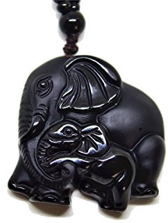 yigedan Natural Obsidian Auspicious Wealthy Mother Elephant Jade Pendant Necklace