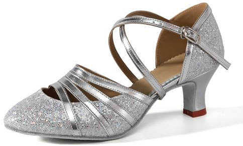 HIPPOSEUS Ladies's Glitter Latin Dance Shoes Silver Closed Toe Dancing Pumps with Suede Sole for Ballroom Tango Salsa Samba Waltz,5 UK