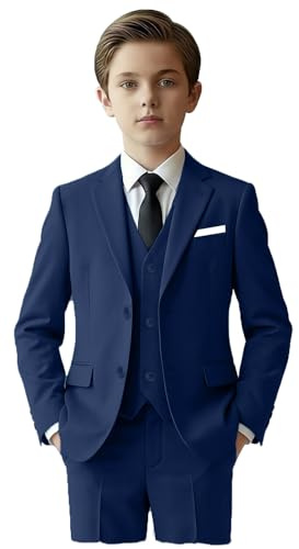 Boys Suit Navy Slim Fit Suits for Kids Formal Outfit Boy Tuxedo with Blazer Vest Pants Shirt and Tie Size 10