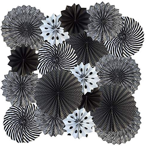 18pcs Party Hanging Paper Fans Set Black White Round Paper Fans Decorative Pattern Folding Fan Halloween Hanging Garlands for Halloween Birthday Wedding Graduation Events Accessories
