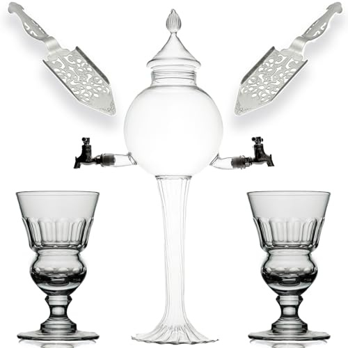Absinthe Fountain Set - Glass Pearl Bubble Fountain Absinthe Set with 2 Spouts, Absinthe Dripper Set, Complete with 2 Reservoir Pontarlier Absinthe Glasses and Absinthe Spoons.