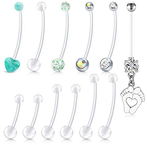 AVYRING 14G Flexibles Schwangerschafts-Bauchnabelpiercing: Klarer Bioflex-Stab mit verstellbarem Stab für Damen