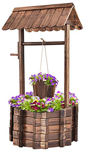 COSTWAY Holzbrunnen mit Dach, Wunschbrunnen Garten, Blumenkübel Dekobrunnen Blumentopf, Dekoration für Draußen Veranda, 56x56x114cm, Braun