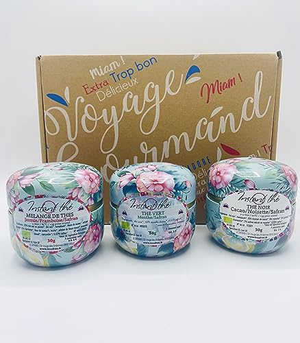 Coffret cadeau thés au safran - Certifié bio - Thé Vert Menthe/Safran - Thé Noir Framboise/Safran - Thé Noir Cacao/Noisettes/Safran- 60 tasses de thé