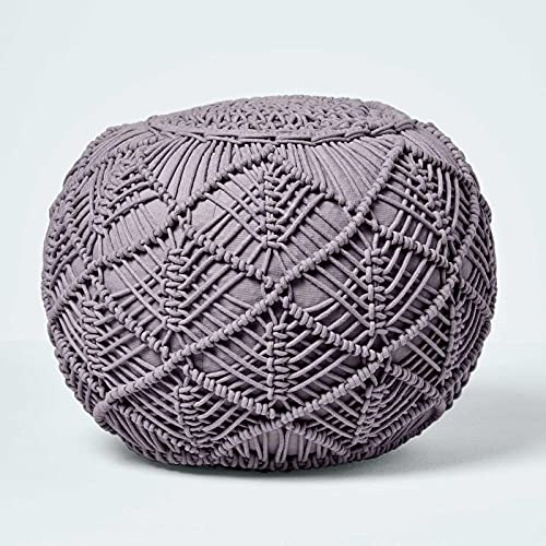 Homescapes Häkel-Pouf, grau, rundes Bodenkissen 35 x 40 cm in Boho Style, dekorativer Fußhocker in Makramee-Optik, gehäkelter Puff aus 100% Baumwolle, Häkelpuff/Strickhocker