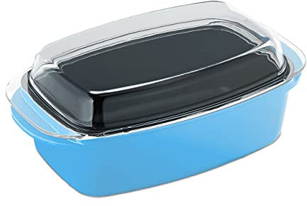 Relaxdays Roasting pan with lid, non-stick coating, casserole dish, cast aluminium and glass, dishwasher safe, goose roaster, light blue