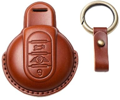 HIBEYO Smart Autoschlüssel Hülle Passt für BMW Mini Schutzhülle Schlüsselhülle für Mini Cooper One Clubman F56 F54 F55 F57 F60 Schlüsselbox Rindsleder Funkschlüssel Schlüsselbund 3 Tasten-Braun