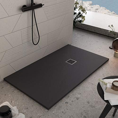 Luminosa ArredoBagno Duschwanne Mineralmarmor 90 x 140 cm - Steineffekt rutschfest mit Gelcoat - Modell Roma Schwarz - Gitter und Ablaufgarnitur inklusive