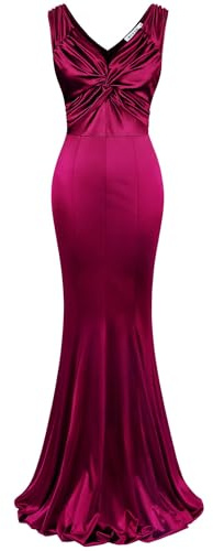 MUXXN Satin Dress, Maxi Sleeveless V Neck Retro Cocktail Party Prom Wine Red Formal Long Dresses Burgundy M
