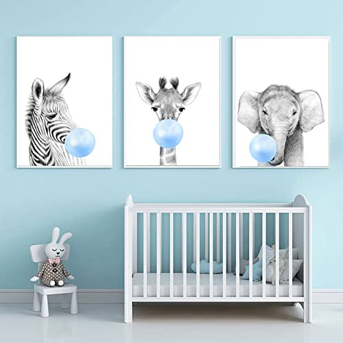 Youihom 3 Poster Tier Kaugummi Blau Grau Giraffe Elefant Zebra Bilder Tiere Leinwand Kinderzimmer Wanddeko Kunstdruck Baby Jungen Geschenk A3 ohne Rahmen