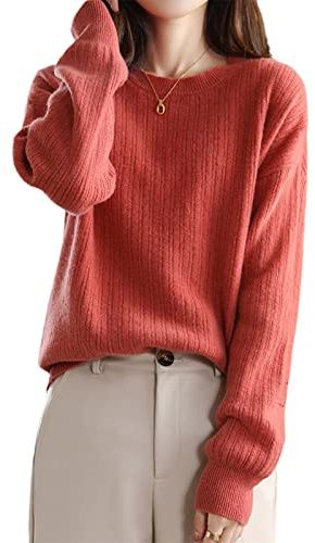 Kelsiop Suéter de cachemira 100% lana merino para mujer, cuello redondo, suéter de punto casual, chaqueta de otoño e invierno, Concubine Red, S