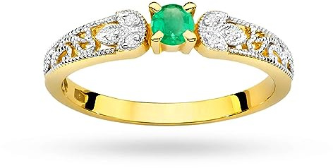 MARKO Damenring aus Gold mit 0,15 Karat Smaragd und 0,03 Karat Diamanten | 14 Karat Gold (585) | Goldring mit Box | Goldring für Frauen (Gelbgold, 51 (16.2))