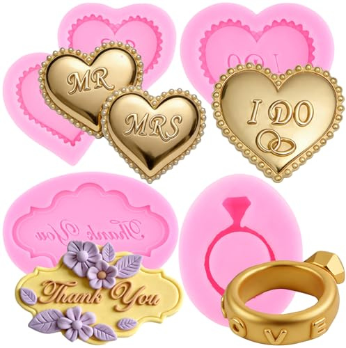 RFGHAC Heart MR MRS I DO Silicone Fondant Mould Diamond Ring Candy Chocolate Moulds for Wedding Cake Decorating Cupcake Topper Gum Paste Polymer Clay Set of 4