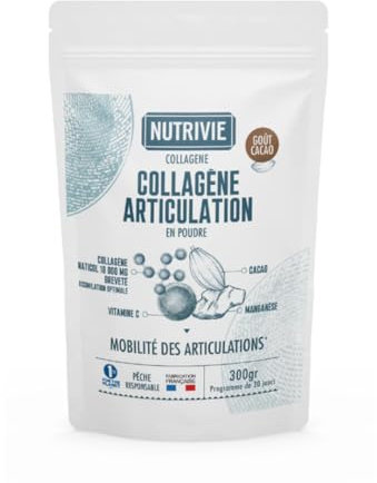 Collagène Marin Naticol Type I & III 10000mg - Enrichi Vitamine C + Manganèse - Articulations, Cartilages & Mobilité - Pêche responsable - Goût Cacao - Poudre 300g - Fabriqué en France - Nutrivie