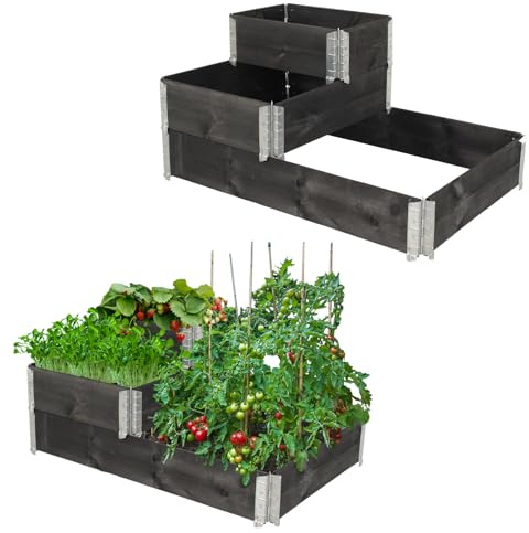 TRUTZHOLM Stufenbeet 3er Set Palettenrahmen Hochbeet 114x75x60 cm aus Naturholz Garten Balkon Terrasse stapelbar modernes modulares mehrstufiges Beet schwarz