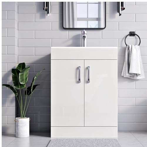 BELOFAY Vanity Unit With Basin | 600mm Floor Standing Bathroom Vanity Units With Basin | 1 Tap Hole Ceramic Bathroom Sink | Lacquered Finish | Waste Included (New York White)