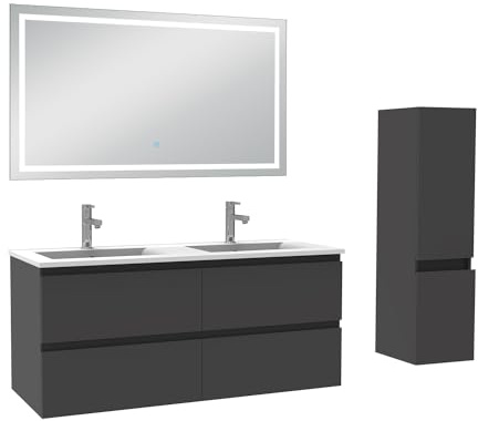 AICA Ensemble Meuble Double Vasque 120 cm Salle de Bain + Colonne et Miroir | Miroir LED Salle de Bain 3 Couleurs + Meuble Lavabo double Céramique 120cm + Colonne,Fonction Soft-close,Anthracite