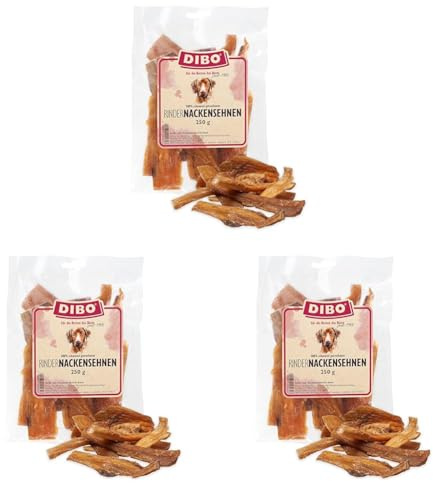 DIBO Rindernackensehnen, 250g-Beutel, der kleine Naturkau-Snack oder Leckerli für Zwischendurch, Hundefutter, Qualitätskauartikel ohne Chemie (Packung mit 3)