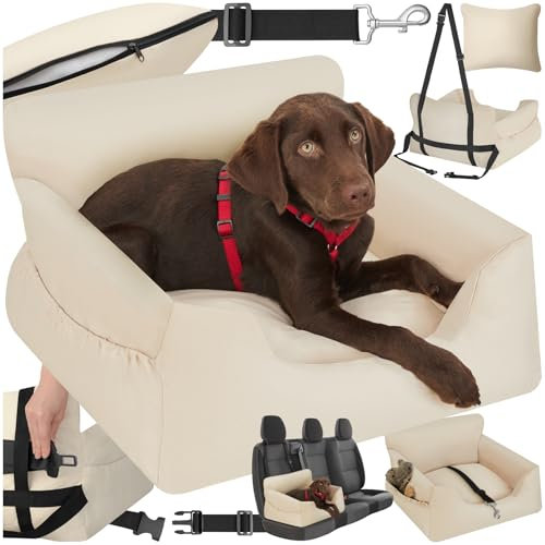 tectake® Hundesitz, Autositz für Hunde, Hunde Autositz für Rückbank, Beifahrer oder Rücksitz, Reisebett Hund, mit Hundegurt, Sitzerhöhung mit Hundeanschnaller, Hundebett mit Anschnaller - beige