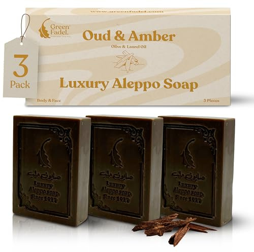 GREEN FADEL Aleppo Seife Luxury Oudh & Amber, Olivenöl, 3x ca. 100 g | Olivenölseife, Naturseife, handgemacht, mit Lorbeeröl, für Gesicht, Körper und Hände, plastikfrei verpackt
