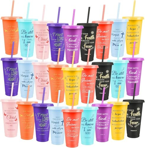 Confezione da 27 bicchieri cristiani, bicchieri di plastica con versi della Bibbia, con coperchio e cannuccia, 680,4 g, colorati, riutilizzabili, regalo di laurea, bicchieri religiosi ispiratori, per